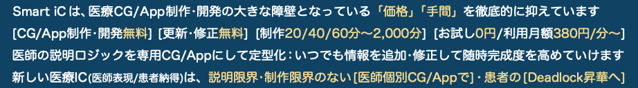  Smart iCは、医療CG/App制作•開発の大きな障壁となっている「価格」「手間」を徹底的に抑えています [CG/App制作•開発無料] [更新•修正無料] [制作20/40/60分〜2,000分] [お試し0円/利用月額380円/分〜] 医師の説明ロジックを専用CG/Appにして定型化：いつでも情報を追加•修正して随時完成度を高めていけます 新しい医療IC(医師表現/患者納得)は、説明限界•制作限界のない[医師個別CG/Appで]・患者の[Deadlock昇華へ]