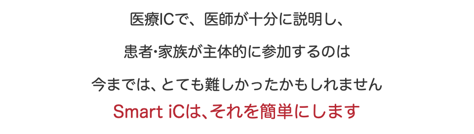  医療ICで、医師が十分に説明し、 患者・家族が主体的に参加するのは 今までは、とても難しかったかもしれません Smart iCは、それを簡単にします