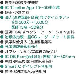 ● 無制限本数制作無料 ● IC Timeline App 15〜50本付属 ● 修正•更新無料 ● 法人(医療施設•企業)向けタイムギフト 合計300分〜1,000分 医師15名〜30名分 ● 医師CGキャラクターアニメーション無料 ● 治療法比較一覧CGレーダーチャート無料 ● 実写映像挿入•追加編集無料 ● 外国語版無料制作も ● オプション料は完成後の後払い ● IC QB Form(自由設計) 無料 15〜50Form ● 完成•納品後30日間返金保証 ● Smart iC ダイレクト利用可 ● 患者個別対応App利用可